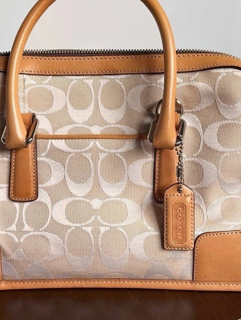 COACH Peyton Signature Cora Domed Satchel in Brown & Cream